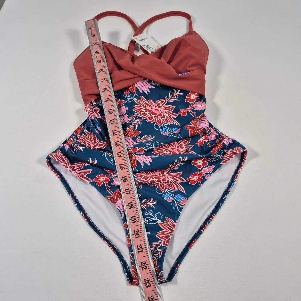 B2PRITY Women Floral One Piece Swimsuit Mauve‎ Navy V-Neck Ruched Size M New